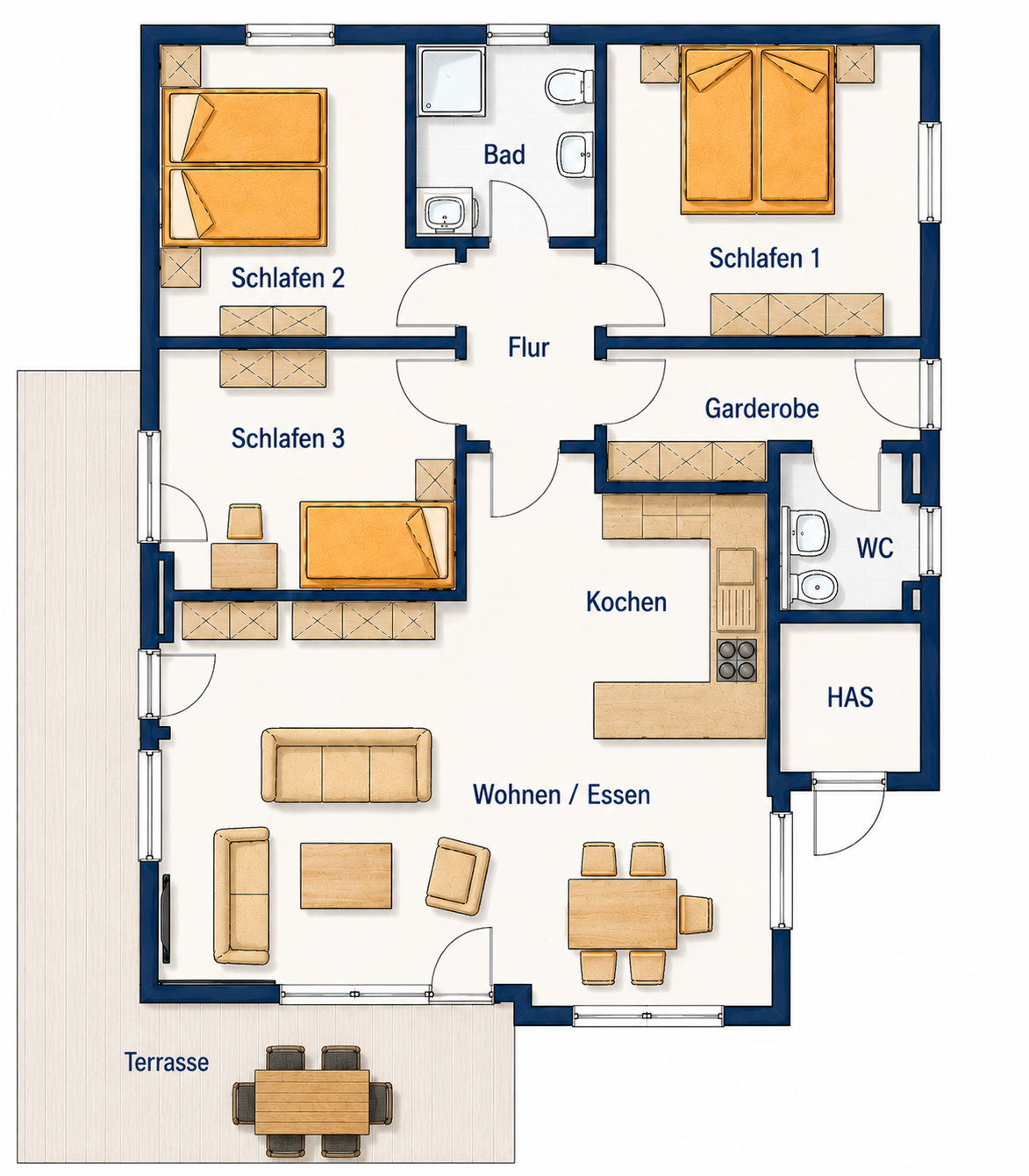 Grundriss des Ferienhauses: drei Schlafzimmer, Bad, WC, Flur, Küche sowie Wohn-/Essbereich mit Terrasse