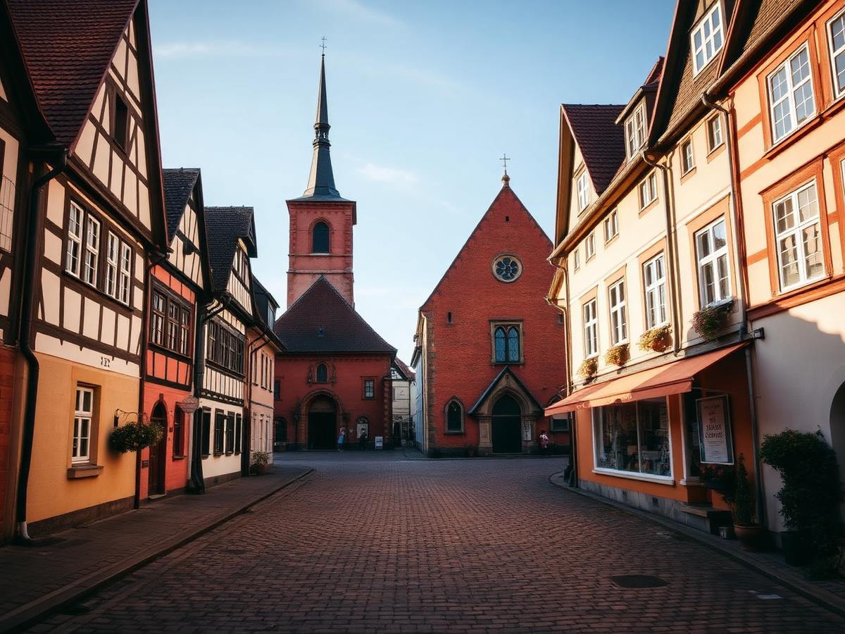 Historische Altstadtgasse mit Backsteinkirche und Fachwerkhäusern in Norddeutschland